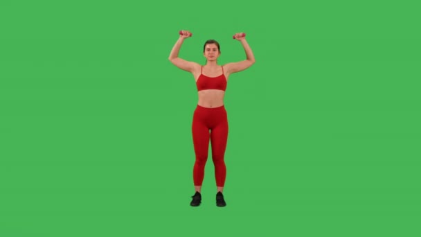 Cheerful Sporty Woman Doing Exercise Overhead Press Dumbbells Dressed Red — Vídeos de Stock
