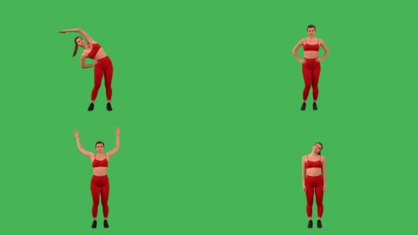 Collage Sport Workout Woman Doing Stretch Exercises Dressed Red Top — Wideo stockowe