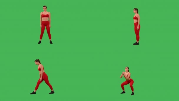 Multiscreen Kobiety Wykonującej Różne Ćwiczenia Fitness Trening Siłowy Elastyczny Korpus — Wideo stockowe