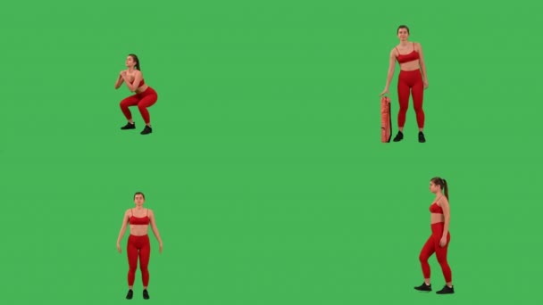 多屏风女子做不同的运动健身锻炼 强壮柔韧的身体在绿色屏风的背景下隔离 — 图库视频影像