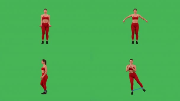 異なる練習のコラージュ女性ダンベルとストレッチバンドとワークアウトを行う緑の画面のスタジオに隔離 — ストック動画