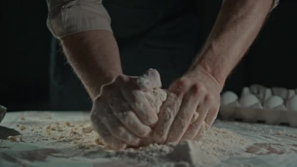 Man Mixing Dough Hands Slow Motion Baker Makes Traditional Bread — Stock Video