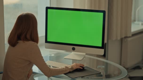 Achteraanzicht Vrouw Zitten Aan Het Bureau Met Behulp Van Computer — Stockvideo