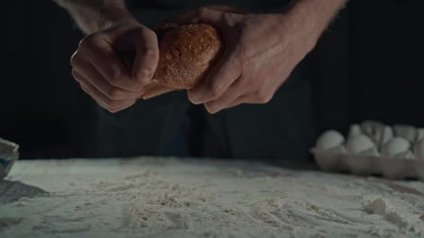 Man Breaking Freshly Bread Crispy Crust Slow Motion Worker Traditional — Stock Video