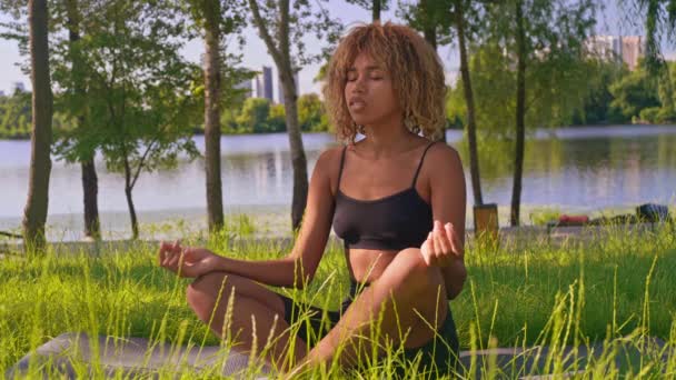 Donna Seduta Sul Tappetino Yoga Pratica Della Consapevolezza Nel Parco — Video Stock