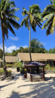 Beachfront bure Cook Islands thatched roof nestled swaying palm trees white sand idyllic tropical paradise escape everyday life. clipart