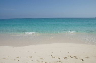 Kumsal. Beyaz kum, berrak turkuaz su, hafif dalgalar. Idyllic tropik cennet. Günlük hayattan kaçmak. Bahamalar. Huzurlu bir geri çekilme. Bahamalar.