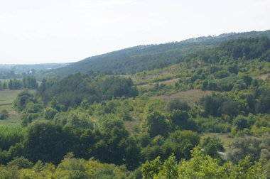 Bulgaria 'da. Yuvarlanan tepeler yemyeşil ormanlarla kaplıdır. Yeşilliklerin arasına yerleşmiş uzak köyler. Huzurlu bir kırsal manzara huzuru çağrıştırıyor. Bu pitoresk manzaranın sembolü