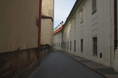 Çek Cumhuriyeti 'nde tarihi binalarla dolu dar kaldırım taşlı dar bir sokak. Kırmızı kiremitli çatılar taş bir duvarın üstünden bakıyor. Sessiz ve atmosferik, zamansız bir gizem hissi uyandırıyor. Bu ara sokakta.