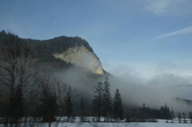 A snow-capped mountain in Germany, Munich, shrouded in fog creates a lofty peak with a mysterious atmosphere, like a winter wonderland hiding a secret world. clipart