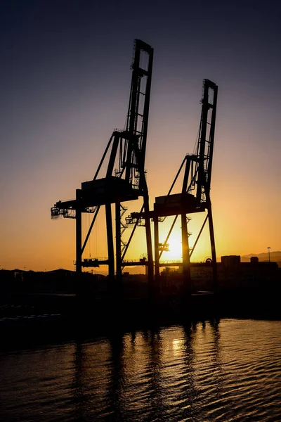 cranes silhouettes in port, Spanish View Landscape in Gran Canaria Tropical Volcanic Canary Islands Spain