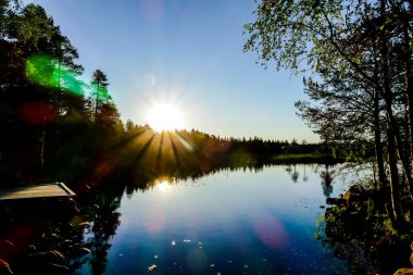 reflection of trees in water at sunset clipart