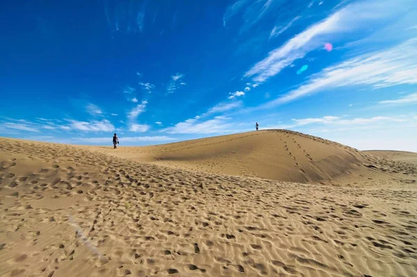 Sandy Landscape Dune Desert Blue Sky Background — стоковое фото