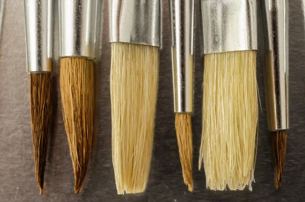 Nya Trä Olika Paintbrush Set Textur Över Färgad Bakgrund — Stockfoto