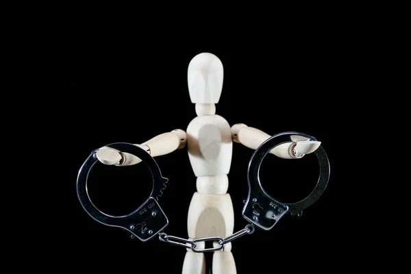 Wooden Dummy Puppet Made Wood Art Mannequin Handcuffs — Stock Photo, Image