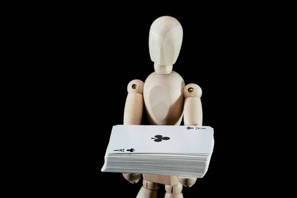 Wooden Dummy Puppet Made Wood Art Mannequin Playing Cards — Stock Photo, Image