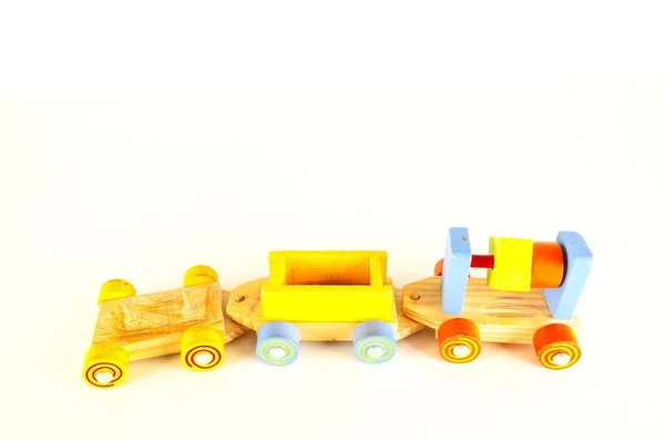 Trem Brinquedo Madeira Fundo Branco — Fotografia de Stock