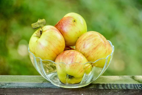 Frische Reife Äpfel Glasschale Nahaufnahme — Stockfoto