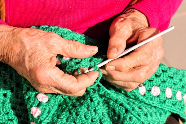 Close Image Old Woman Knitting Needles Wool Royalty Free Stock Photos