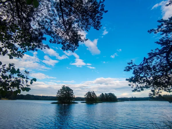 Göl Ağaçlar Gökyüzü Bulutlar Güzel Fotoğraf Dijital Resim Sveç Avrupa — Stok fotoğraf