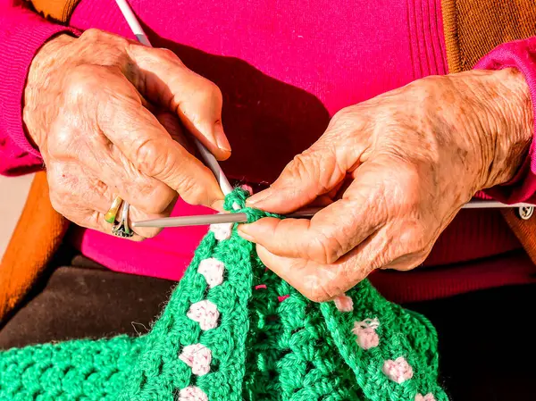 Close Image Old Woman Knitting Needles Wool Stock Image