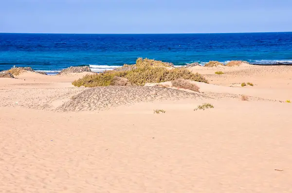 stock image A beach with a small hill of sand and a body of water. The beach is empty and the sky is clear