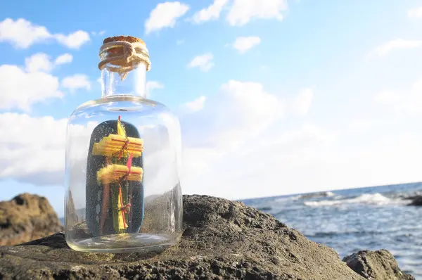 stock image Ancient Spanish Sailing Boat in a Bottle near the Ocean