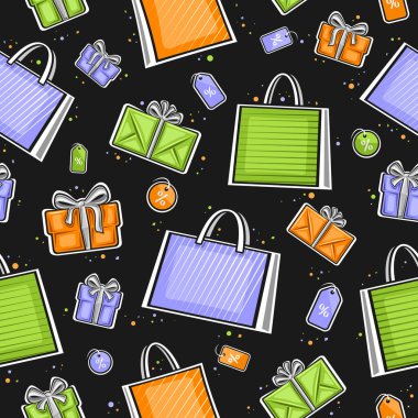 Vektör Alışverişi pürüzsüz desen, kare tekrarlayan arka plan mavi kese kağıtları, turuncu hediye kutuları ve koyu arkaplanda yeşil dekoratif fiyat etiketleri, alışveriş için ambalaj kağıdı