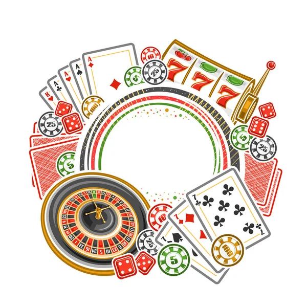 テキストのためのコピースペースを持つカジノのためのベクトルフレーム ヨーロッパのルーレットホイールのイラストを持つラスベガスのカジノのための円看板 カラフルなカジノコイン ポーカー4種類の 赤いギャンブルキューブ — ストックベクタ