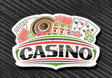 Kumarhane için vektör logosu, Avrupa ruleti, renkli kumarhane paraları, dört çeşit poker, kırmızı kumar küpleri, dekoratif yıldızlar ve kumarhane sözcüğü resmedilmiş kumar tahtası.