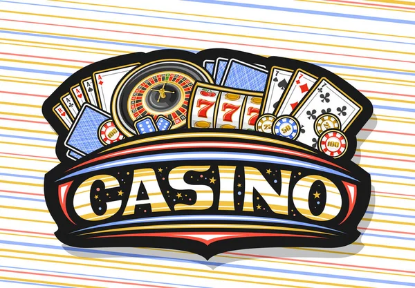 赌场的矢量标志 带有欧洲轮盘图解的赌博暗号板 五彩缤纷的赌场硬币 四种扑克 蓝色赌博方块 装饰明星和文字赌场 — 图库矢量图片