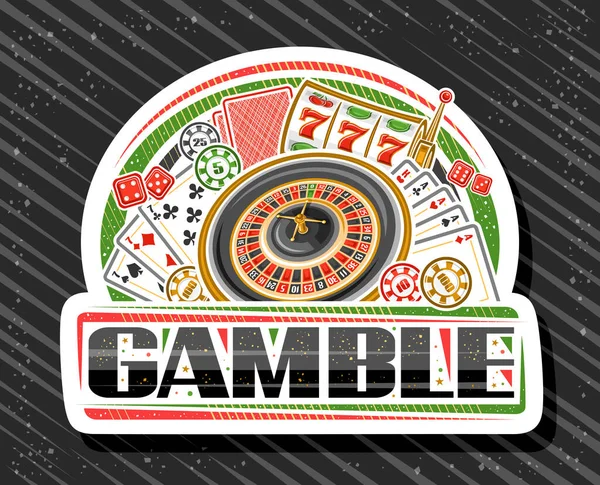 ヨーロッパのルーレットホイール カラフルなカジノコイン 4種類のポーカー レッドギャンブルキューブ 単語ギャンブルのためのユニークなブラシレタリングのイラストを持つカジノのためのベクトルロゴ — ストックベクタ