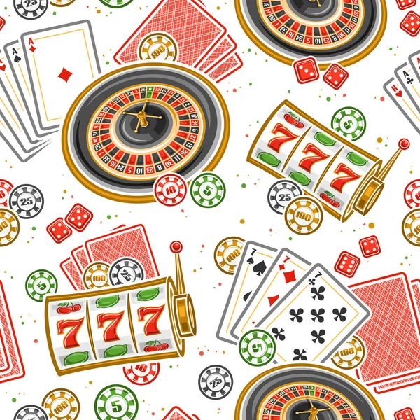 カジノのためのベクトルシームレスなパターン ヨーロッパのルーレットホイールのイラストと正方形の繰り返し背景 カラフルなカジノコイン 白い背景に赤いギャンブルキューブ カジノのための包装紙 — ストックベクタ