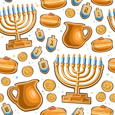Vector Hanukkah seamless pattern, square repeating background with illustrations of gold candle holder, four dreidel, sweet sufganiyot and token gelt on white background, wrapping paper for hanukkah clipart