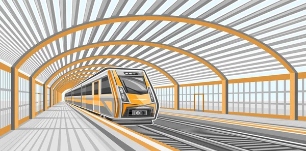 鉄道駅のベクトル図 空の灰色のプラットフォームを持つ都市駅で鉄道によって急いでオレンジの列車 — ストックベクタ