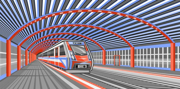 Vasútállomás Vektorillusztrációja Kék Városi Pályaudvaron Közlekedő Piros Vonat Üres Sötétszürke — Stock Vector