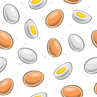 Vektör Yumurtasız Desen, dekoratif kare tekrarlayan arka plan, bütün ve yarım yumurtaların resimleriyle, bir grup düz oval tavuk yumurtası, beyaz arka planda ev içi için.