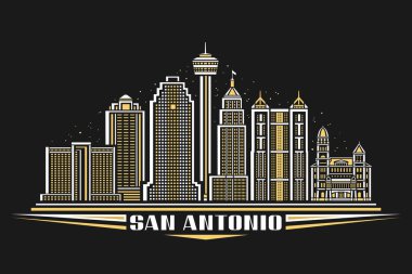 San Antonio 'nun vektör illüstrasyonu, doğrusal tasarımlı yatay poster alacakaranlık gökyüzü arka planında Amerikan şehir manzarası, San Antonio için dekoratif harflerle kentsel çizgi sanat konsepti