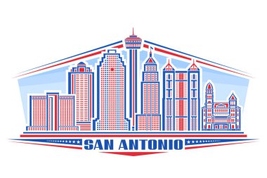 San Antonio 'nun vektör illüstrasyonu, doğrusal tasarımı olan kırmızı yatay rozet gökyüzü arka planında ünlü modern şehir manzarası, şehir çizgisi sanat konsepti mavi harfler için dekoratif San Antonio