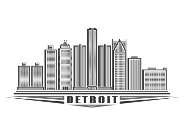 Detroit 'in vektör illüstrasyonu, doğrusal detroit şehir manzaralı tek renkli yatay poster, beyaz arkaplanda siyah metin detroitleri için dekoratif harflerle Amerikan şehir çizgisi sanat konsepti