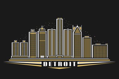 Detroit 'in vektör illüstrasyonu, lineer tasarımı olan karanlık yatay poster alacakaranlık gökyüzü arka planında ünlü Detroit manzarası, Dekoratif harflerle dekoratif şehir çizgisi sanat konsepti