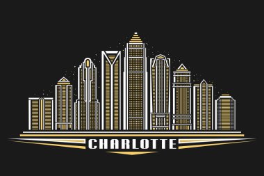 Charlotte 'un vektör illüstrasyonu, basit doğrusal tasarımı olan koyu renkli poster alacakaranlık gökyüzü arka planında Charlotte City manzarası, metin için dekoratif harflerle Amerikan şehir çizgisi sanat konsepti