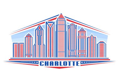 Charlotte 'un vektör illüstrasyonu, basit doğrusal tasarımı olan yatay rozet gökyüzü arka planında ünlü Charlotte City manzarası, Charlotte için dekoratif eşsiz harflerle kent çizgisi sanat konsepti
