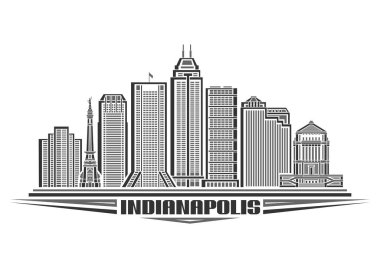 Indianapolis 'in vektör illüstrasyonu, lineer tasarımı Indianapolis şehir manzaralı tek renkli yatay poster, beyaz arkaplanda Indianapolis metni için dekoratif harflerle kentsel çizgi sanat konsepti