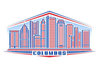 Columbus 'un vektör illüstrasyonu, basit doğrusal tasarımı olan yatay rozet gündüz gökyüzü arka planında ünlü Columbus şehir manzarası, mavi metin kolomb için dekoratif harflerle kırmızı şehir çizgisi sanat kavramı