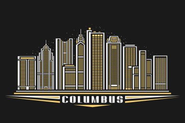 Columbus 'un vektör illüstrasyonu, lineer tasarımı olan karanlık yatay poster alacakaranlık gökyüzü arka planında ünlü Columbus şehir manzarası, Columbus için dekoratif harflerle Amerikan şehir çizgisi sanat konsepti