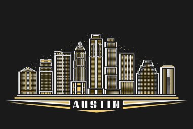 Austin 'in vektör illüstrasyonu, doğrusal tasarımı olan karanlık yatay poster alacakaranlık gökyüzü arka planında ünlü Austin şehri manzarası, beyaz metin Austin için dekoratif harflerle Amerikan şehir çizgisi sanat konsepti