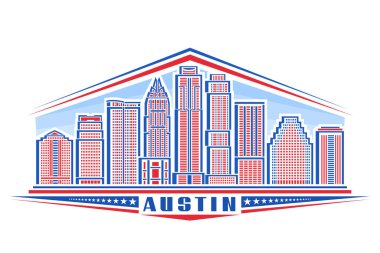 Austin 'in vektör illüstrasyonu, basit doğrusal tasarımı olan yatay rozet gökyüzü arka planında ünlü Austin şehri manzarası mavi metin Austin için dekoratif harflerle kırmızı şehir çizgisi sanat konsepti