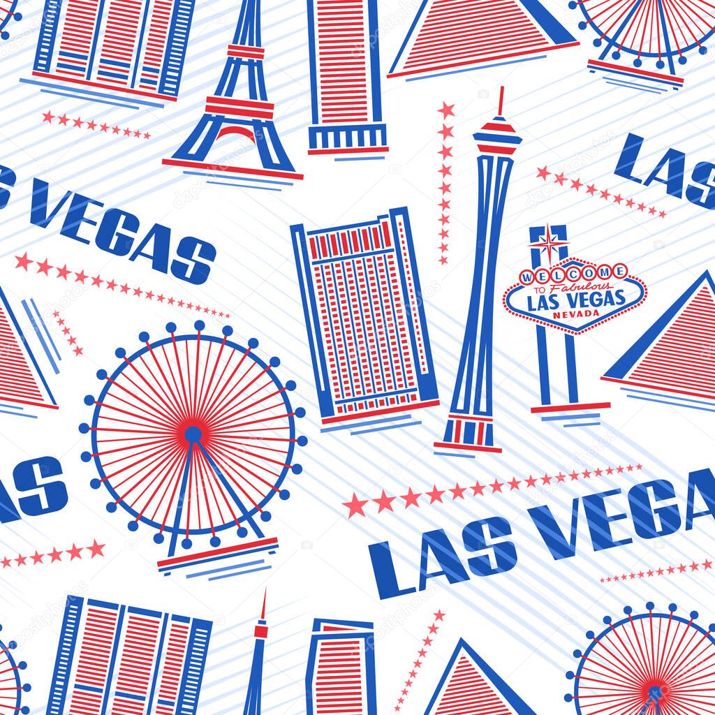Vector Las Vegas seamless pattern, square repeat background with illustration of simple outline red buildings on white background for wrapping paper, decorative urban poster with blue text las vegas