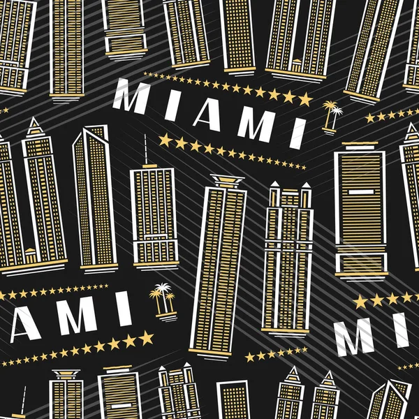 迈阿密无缝图案 平方重复背景 深色背景下著名的迈阿密都市风景图片说明包装纸 装饰线条艺术城市海报 白色文字迈阿密 — 图库矢量图片